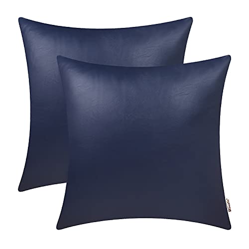 BRAWARM Decorative Throw Pillow Covers, Faux Leather Throw Pillow Cushion Covers, Solid Faux Leather Couch Cases for Living Room Garden Bed, Navy Blue, 45cm x 45cm, Pack of 2