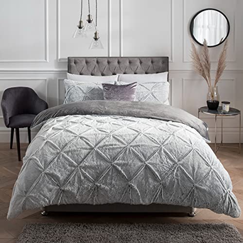 Sleepdown Ruched Diamond Faux Fur Fleece Thermal Warm Cosy Super Soft Duvet Cover Quilt Bedding Set with Pillow Cases - Double (200cm x 200cm) - Grey, 5056242828273