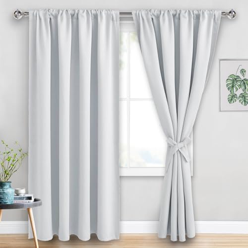 JIUZHEN Blackout Curtains for Bedroom - 60 Inch Extra Wide Thermal Insulated Room Darkening Privacy Soundproof Curtains for Living Room, Set of 2 Panels with Tiebacks, 60 x 84 inches, Greyish White