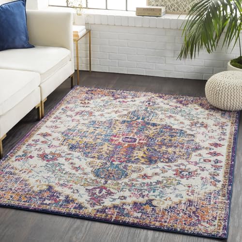 Livabliss Lou Asmara Vintage Carpet 200x275 cm – Scandi Boho Style for Living Room & Bedroom, Traditional Pattern, Easy Care Floor Covering, Burgundy Blue