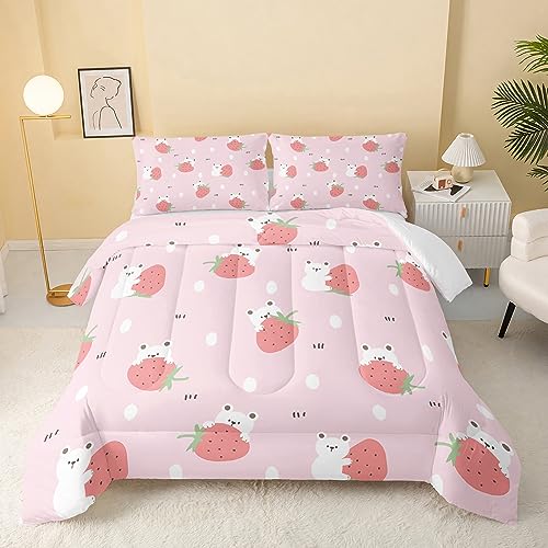 QOOMO Cartoon Bear Comforter Full Size,Pink Strawberry Bedding Set for Kids Teens Girls,3Pcs Bedding Set Printed Comforter with 2 Pillowcases,Down Alternative,Soft and Lightweight???Full Size