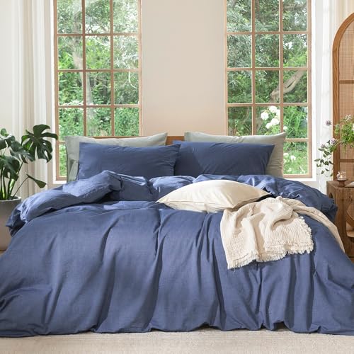 MOOMEE Bedding Duvet Cover Set 100% Washed Cotton Linen Like Textured Breathable Durable Soft Comfy (Blue, Queen)