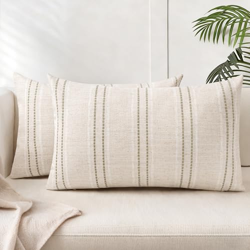 AELS 12x20 Decorative Farmhouse Linen Throw Pillow Covers, Boho Textured Pillow Case, Set of 2, Beige with White & Brown Stitch Yarn Dyed Stripe Cushion Cover for Sofa Couch Living Room (Cover ONLY)