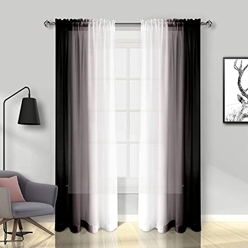 Melodieux Black Ombre Modern Window Panels - Gradient Color Design, Easy-to-Hang Drapes, Rod Pocket Voiles, Semi Sheer Lightweight Curtains for Doorway, Bedroom, Bethroom (56x96 inch, 2 Panels)