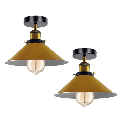 LEDSone 2 Pack Retro Industrial Flush Mount Ceiling Light E27 Metal Ceiling Lamp Yellow 22cm Conical Shade Light Fixture for Kitchen Hallway Living Room Bulb Included