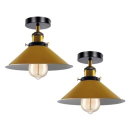 LEDSone 2 Pack Retro Industrial Flush Mount Ceiling Light E27 Metal Ceiling Lamp Yellow 22cm Conical Shade Light Fixture for Kitchen Hallway Living Room Bulb Included
