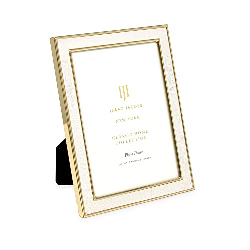 Isaac Jacobs 4x6 White Textured Leather (Vertical & Horizontal) & Gold Metal Picture Frame, with Black Fabric Easel, Wall-Mountable, Made for Tabletop, Home or Office (4x6, White W/Gold)