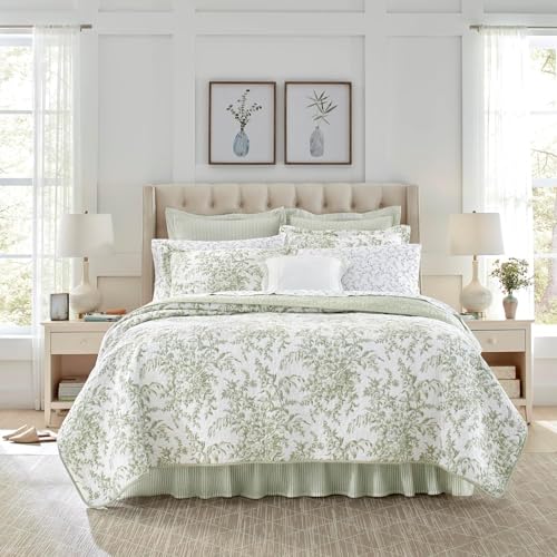 Laura Ashley Home Reversible Cotton Bedding with Matching Shams, Lightweight Home Decor for All Seasons, Green/White, King