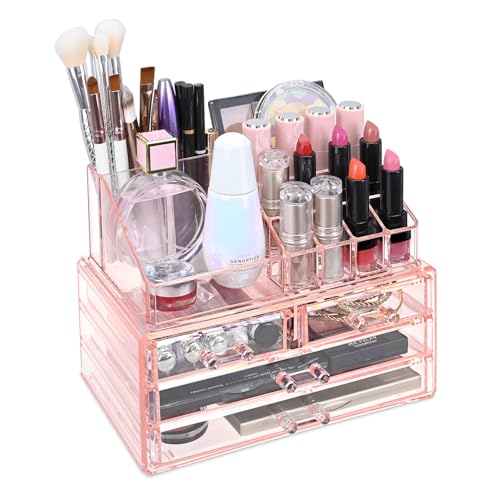 Ikee Design Acrylic Pink Jewelry & Cosmetic Storage Display Boxes Two Pieces Set.