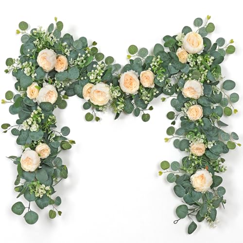 SOMYTING Artificial Flower Garlands Eucalyptus Garlands with Flowers Rose Peony Flower Vine Faux Floral Garland for Wedding Party Arch Table Wall Backdrop Decoration (Champagne, 2PCS)