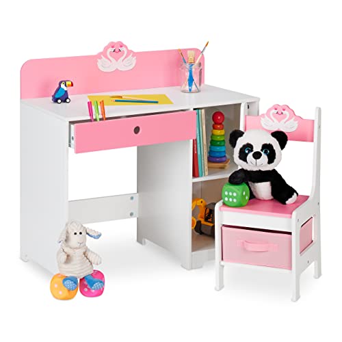 Relaxdays Children's Furniture Set, Table & Stool, Play & Storage, Open Shelves & Drawers, 79.5 x 80 x 40 cm, White/Pink