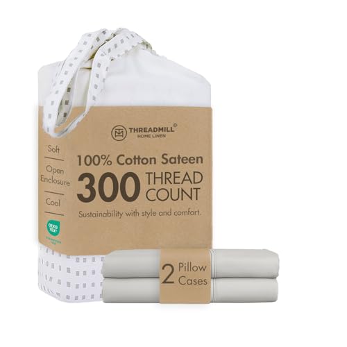 Threadmill Home Linen 300 Thread Count 100% Long Staple Cotton Standard Pillowcases, Set of 2 Standard Pillowcases, Luxury Bedding, Smooth Sateen Weave, Standard Size, Silver.