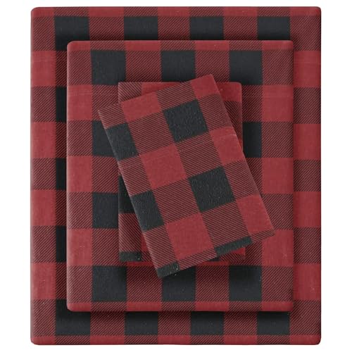 "Woolrich Cotton Sheet Set Cottage Charms Print, 100% Cotton Flannel Sheets Warm & Fuzzy Bedding Set Cal King Size Sheets, Fitted Pocket Fits Up to 14"" Mattress, Cal King Red/Black Checkered, 4 Piece"