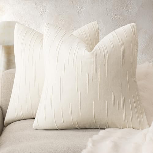 Foindtower Pack of 2 Slubby Textured Chenille Throw Decorative Pillow Covers Square Accent Solid Cushion Cover Cozy Farmhouse Pillow Case for Couch Sofa Bedroom Living Room 18x18 Inch,Cream White