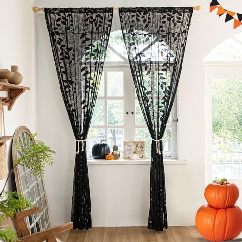 "Treatmentex Lace Black Sheer Curtains for Bedroom Living Room Studio 84inch Long Elegant Leaf Embroidered Semi Sheer Curtain Panels for Country Farmhouse Decor 54"" w 2pcs 7ft"