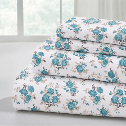 Modern Threads Soft Microfiber Printed Sheets - Luxurious Microfiber Bed Sheets - Includes Flat Sheet, Fitted Sheet with Deep Pockets, & Pillowcases Forever Roses Twin