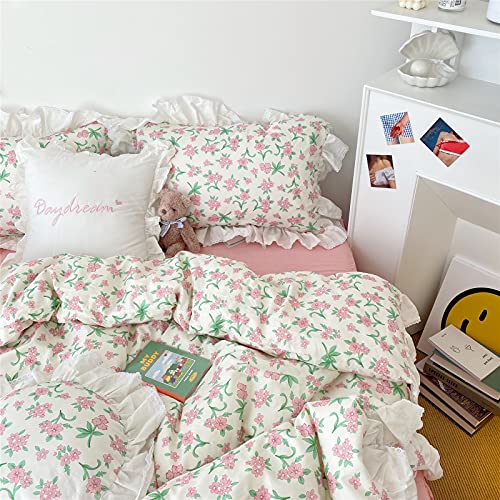 VM VOUGEMARKET Pink Flower Duvet Cover Set, Full, 80x90 Inch - White Ruffle Girls Bedding, 100% Cotton, Princess Style, Zipper Closure