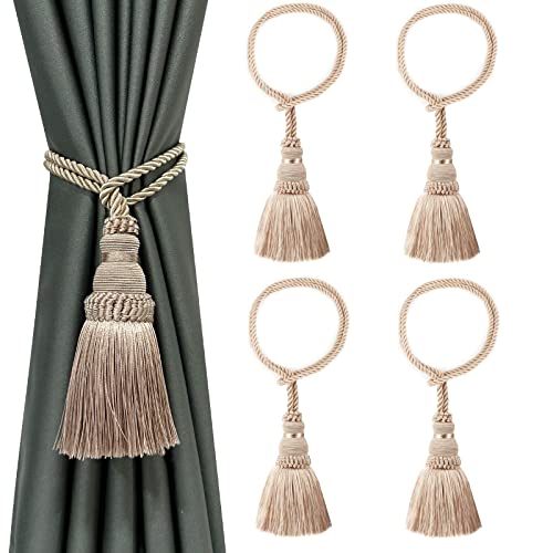 Fenghuangwu 4 Pack Curtain Tie Backs Rope Tassels for Curtains Drape tiebacks Handmade Outdoor Home and Outdoor Decorative (Khaki, 4p)