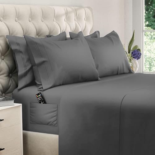 "DREAMCARE California King Sheet Sets - 6 pcs Breathable Cooling Bed Sheets - up to 21"" Extra Deep Cal King Sheets with Side Pockets - Extra Soft 100% Brushed Hypoallergenic Hotel Luxury Bedding D-Gray"