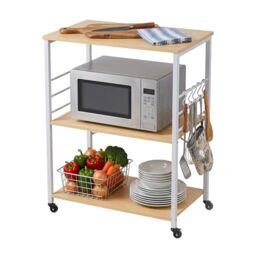 Relaxdays Kitchen Trolley, 3 shelves, 6 S-hooks, HxWxD: 89 x 60 x 40 cm, MDF & steel, serving trolley, natural/white