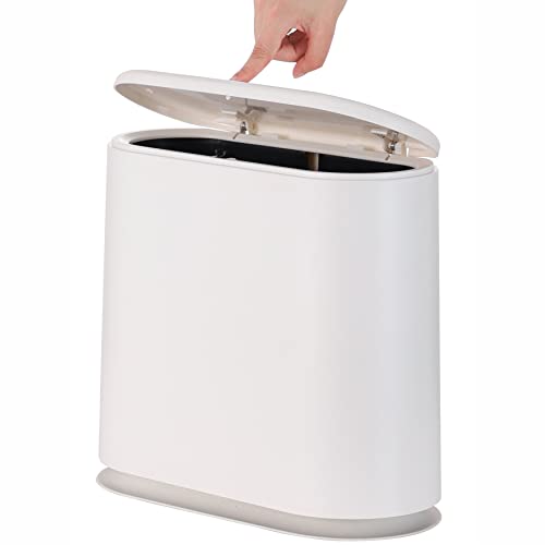White Slim Bathroom Trash Can with Press Top Lid,12 Liter Small Thin Garbage Can,3.17 Gallon Narrow Dog Proof Plastic Waste Basket and Covered Wastebasket for Room,Bedroom,Kitchen,Toilet,Office,Dorm