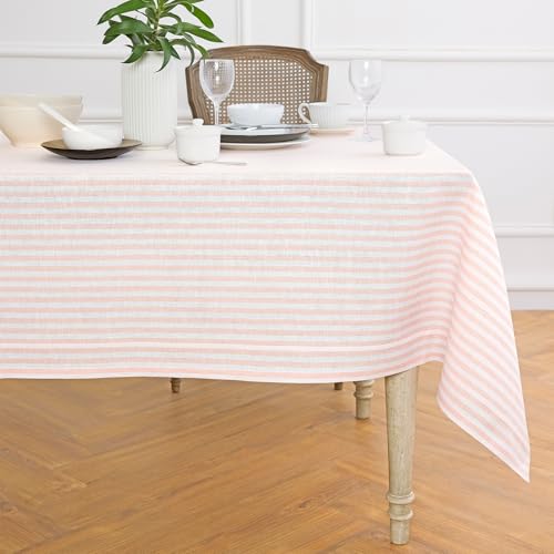 Solino Home 100% Pure Linen Tablecloth, 60 x 144 in, Coral and White Stripe - Amalfi Stripe Striped Table Cloth for dining and entertaining - woven stripe with neatly mitered corners - OEKO-TEX Certified