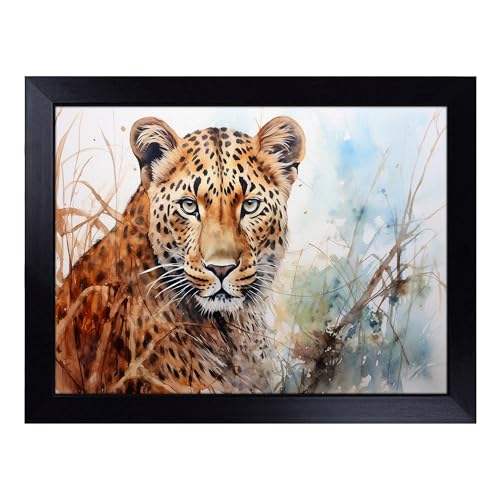 Lap Tray with Bean Bag Cushion, Leopard Watercolour - Handmade in the UK, Raised Wooden Edge, Padded Cushion, Heat-Resistant Wipe-Clean Surface, for Meals, Laptops and Crafts