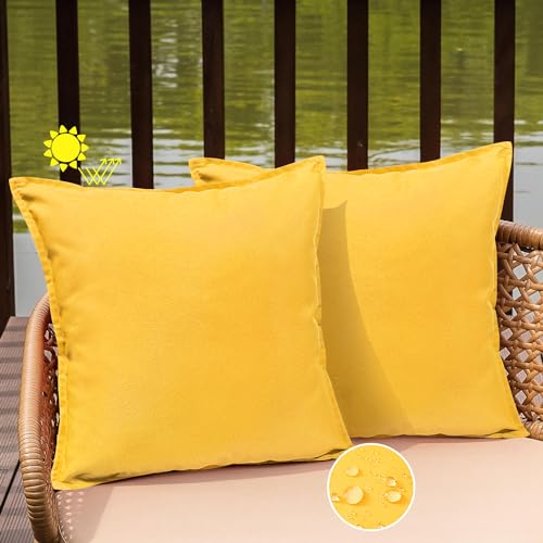 WOKANI Outdoor Waterproof Pillow Covers with Wide Edge 20x20 Set of 2 Decorative Square Solid Couch Pillow Covers for Patio Tent Sofa Bed Living Room, Yellow