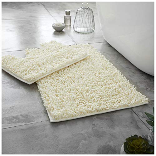 GC GAVENO CAVAILIA Soft Bath Mat Sets For Bathroom - 2 Piece Bath Mat Non Slip Back - Highly Water Absorbent & Fast Drying 100% Microfiber Chenille Toilet Rug with Pedestal Mat - Cream