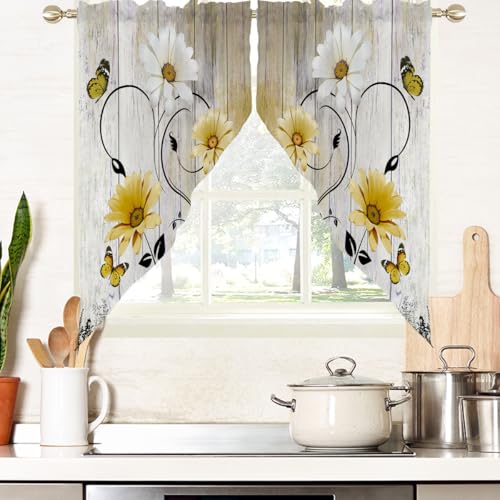 "AAtter Yellow Floral Kitchen Valance Curtain for Window Flower Retro Rustic White Daisy Country Butterfly Spring Small Short Home Living Room Bedroom Bathroom Drape Fabric 1 Pair, 28"" W x 36"" L, Cute"