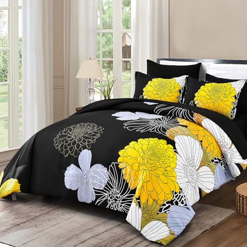 Yiran Bed in a Bag Queen Yellow Black Comforter Set 7 Pieces Soft Microfiber Floral Boho Bedding Set with 1 Comforter 1 Flat Sheet 1 Fitted Sheet 2 Pillowshams 2 Pillowcases