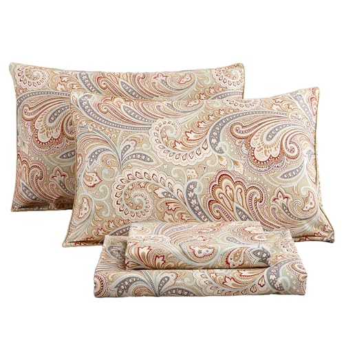 URBONUR 100% Cotton Sheets Set Queen Size 4Pcs Soft Cooling Bedsheets - Vintage Boho Paisley Sheet Sets Deep Pocket - Easy Fit (Khaki, Queen)