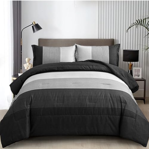 "WONGS BEDDING Black Comforter Set Queen, Reversible Black Grey Stripe Down Alternative Comforter for All Season,3 Pieces(1 Patchwork Comforter+2 Pillowcases), Soft Microfiber Bedding Set 90""×90"""