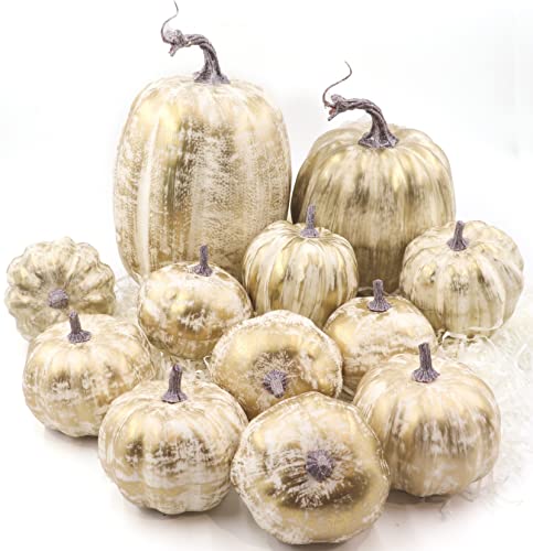 BURTINI 12 PCS Gold Brushed Pumpkins, Thanksgiving Table Centerpiece Decorations, Outdoor Faux Fake Foam Pumpkins for Fall Harvest, Halloween, Thanksgiving, Wedding, Table, Home Decor
