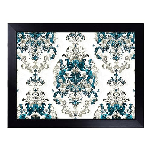 Lap Tray with Bean Bag Cushion, Damask Pattern - Handmade in the UK, Raised Wooden Edge, Padded Cushion, Heat-Resistant Wipe-Clean Surface, for Meals, Laptops and Crafts