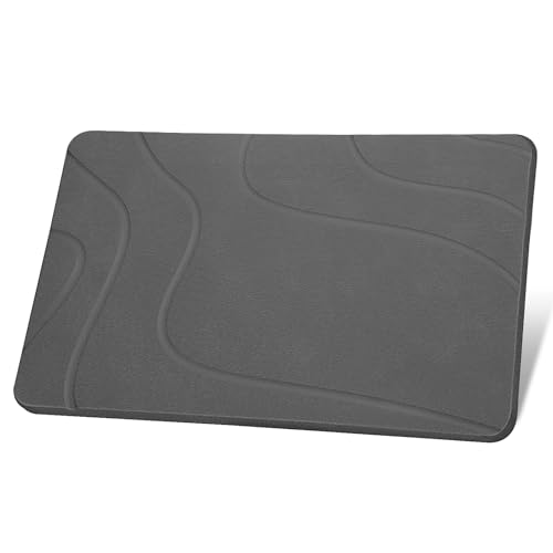 Ceecysaa Quick Dry Stone Bath Mat 60 x 39 cm with Non Slip Pad Dark Gray - Fast Absorbing Diatomite Floor Mat for Shower Tub Sink and Pet Feeding Areas