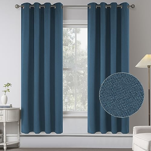 Mustard Yellow Faux Linen 100% Blackout Curtains for Bedroom - 72 Inches Long Thermal Insulated Window Treatment Primitive Rustic Curtain Drapes for Living Room(Denim Blue,2 Panels,W 52 x L 72 Inch)