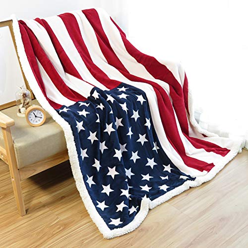 Ukeler US Flag Patriotic Sherpa Throw Blanket 50''??60'', American National Flag Fleece Blanket for Bed/Couch/Sofa/Office/Camping, USA Military Veteran July 4th Gift