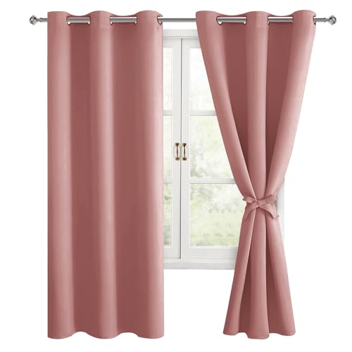 Hiasan Room Darkening Curtains for Bedroom, Noise Reducing, Energy Saving Blackout Window Curtain Panels, Sewn with Tiebacks, Set of 2, Grommet Top (Dusty Rose, Width 38 Inch x Length 72 Inch)