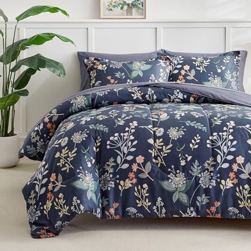 AIKASY 7-Piece Queen Size Bedding Set, Bed in a Bag Comforter Set - Blue Fog Floral Ensemble with Reversible Botanical Flowers Comforter, Sheets, Pillowcases & Shams