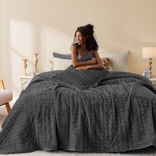 "Wonderful Corduroy Texture Black Grey Quilt Set Queen - Hypoallergenic Skin-Friendly Soft Plush Velvety Touch Bedspread, Classic Vertical Striped Lightweight Coverlet for All Season, 106""x94"""