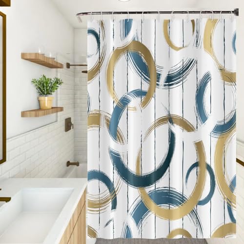Umpoo Abstract Geometric Shower Curtains Blue Brown Circle Round Pattern Polyester Fabric Bath Curtains Waterproof for Modern Bathroom Decor Set with Hooks, 72W x 72H Inch