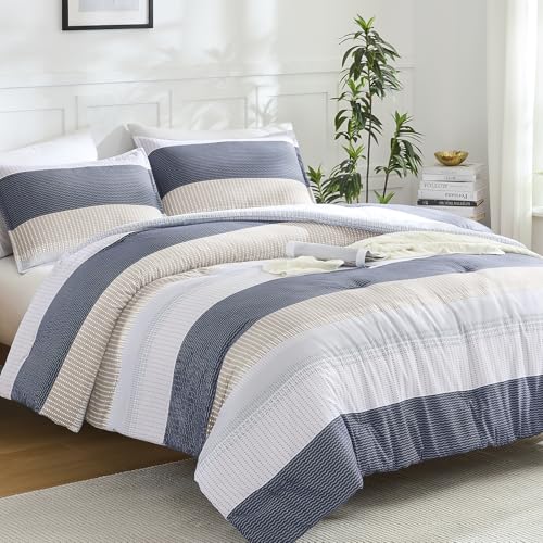 Litanika Oversized Queen Comforter Set - 3 Pieces Stripe Bed Set - Blue Yellow Fluffy Lightweight Soft Colorblock Down Alternative All Season Bed Set