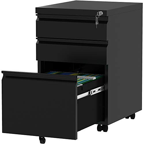 YITAHOME 3-Drawer Mobile File Cabinet with Lock, Office Storage Filing Cabinet for Legal/Letter Size, Pre-Assembled Metal File Cabinet Except Wheels Under Desk -Black