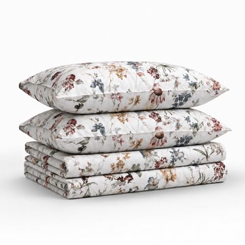 Tribeca Living King Bed Sheet Set, 300 Thread Count Soft Cotton Sateen, Floral Print with Extra Deep Pockets, 4-Piece Bedding Set, Amalfi Deep Red/Multi