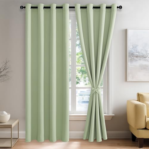 JIUZHEN Light Green Blackout Curtains with Tiebacks-Thermal Insulated, Light Blocking and Noise Reducing Grommet Curtain Drapes for Bedroom and Living Room, Set of 2 Curtain Panels, 52x84 Inch Length