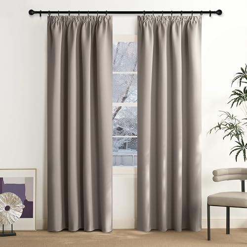 NICETOWN Opaque Living Room Curtains with Ruffle Tape, Blackout Curtains, Thermal Curtain, Heat Protection for Rail, Sand Colour, 2 Pieces, 200 x 140 cm (H x W)
