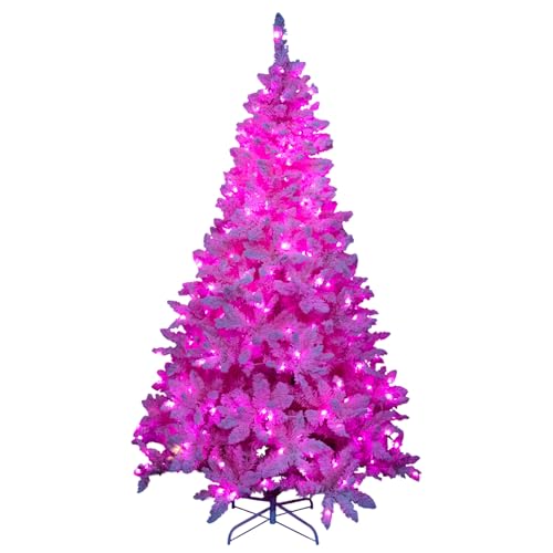 6Ft Flocked Prelit Pink Christmas Tree with Pink LED Lights Multifunction, Snow Dusted Artificial Pine Foldable Metal Stand 730 Tips Hinged Branches Snowy Bushy Luxury Holiday Home Decoration