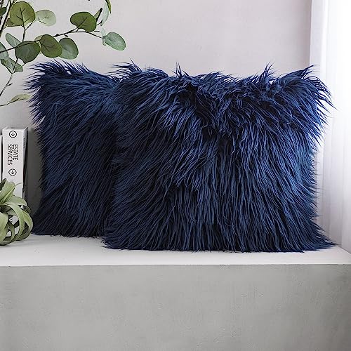 "Phantoscope Decorative New Luxury Series Merino Style Fur Throw Pillow Case Cushion Cover 18"" x 18"" 45cm x 45cm Navy Blue Set of 2"