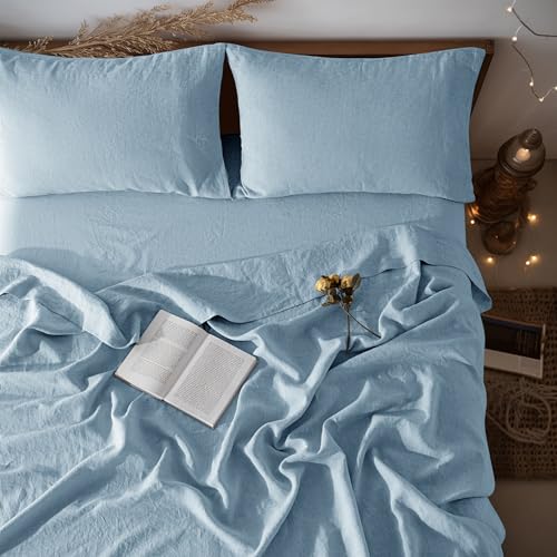 "LBRO2M 100% Pure Linen Sheet Set Deep Pocket Up to 16"" Bed Sheets Sets, Natural Flax Beddings Soft, Breathable, Comfortable for All Seasons 4 Pcs Sheet Set King Size, Dusty Blue"